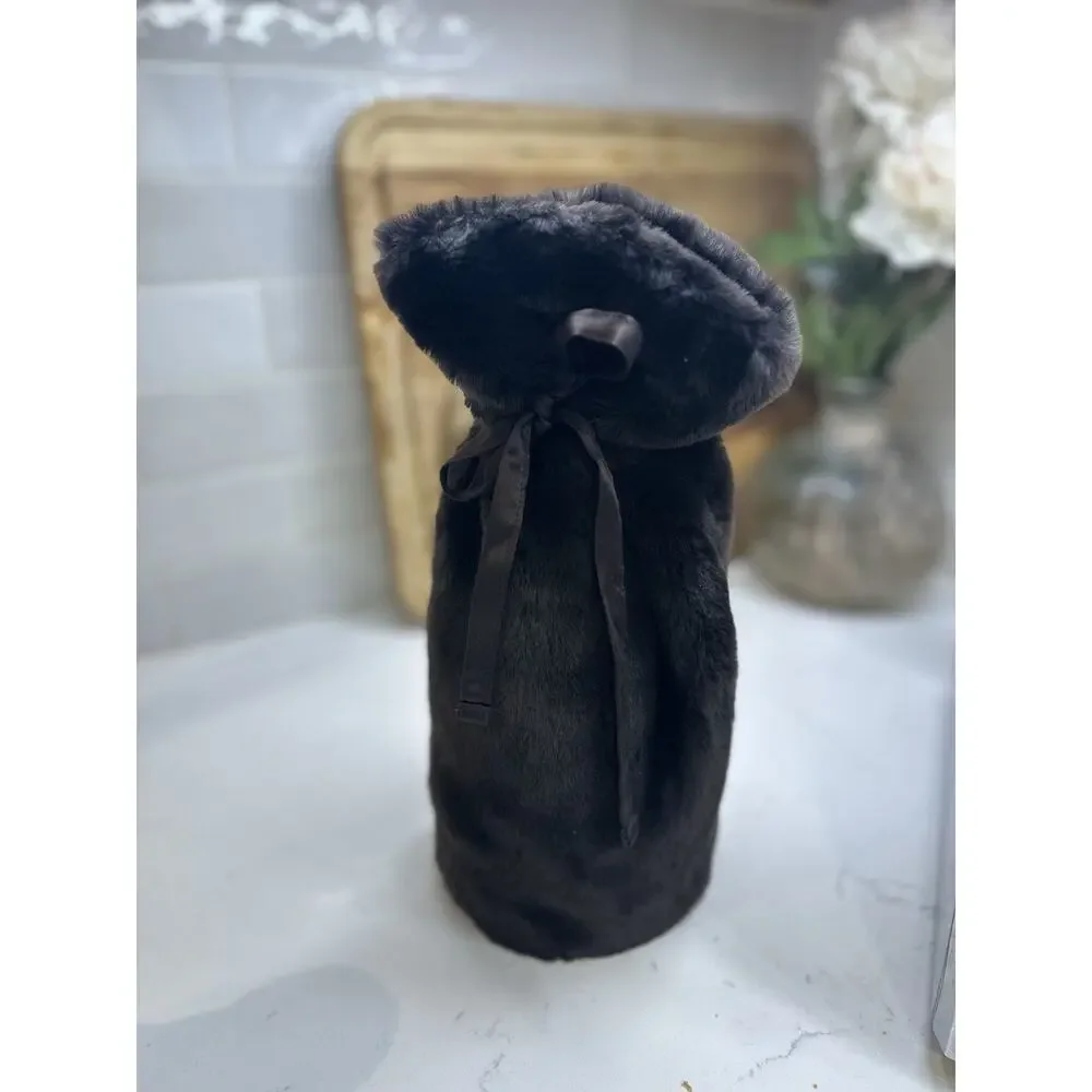 Faux Fur Wine Bottle Bag - VTG Pottery Barn - dark chocolate with silk tie